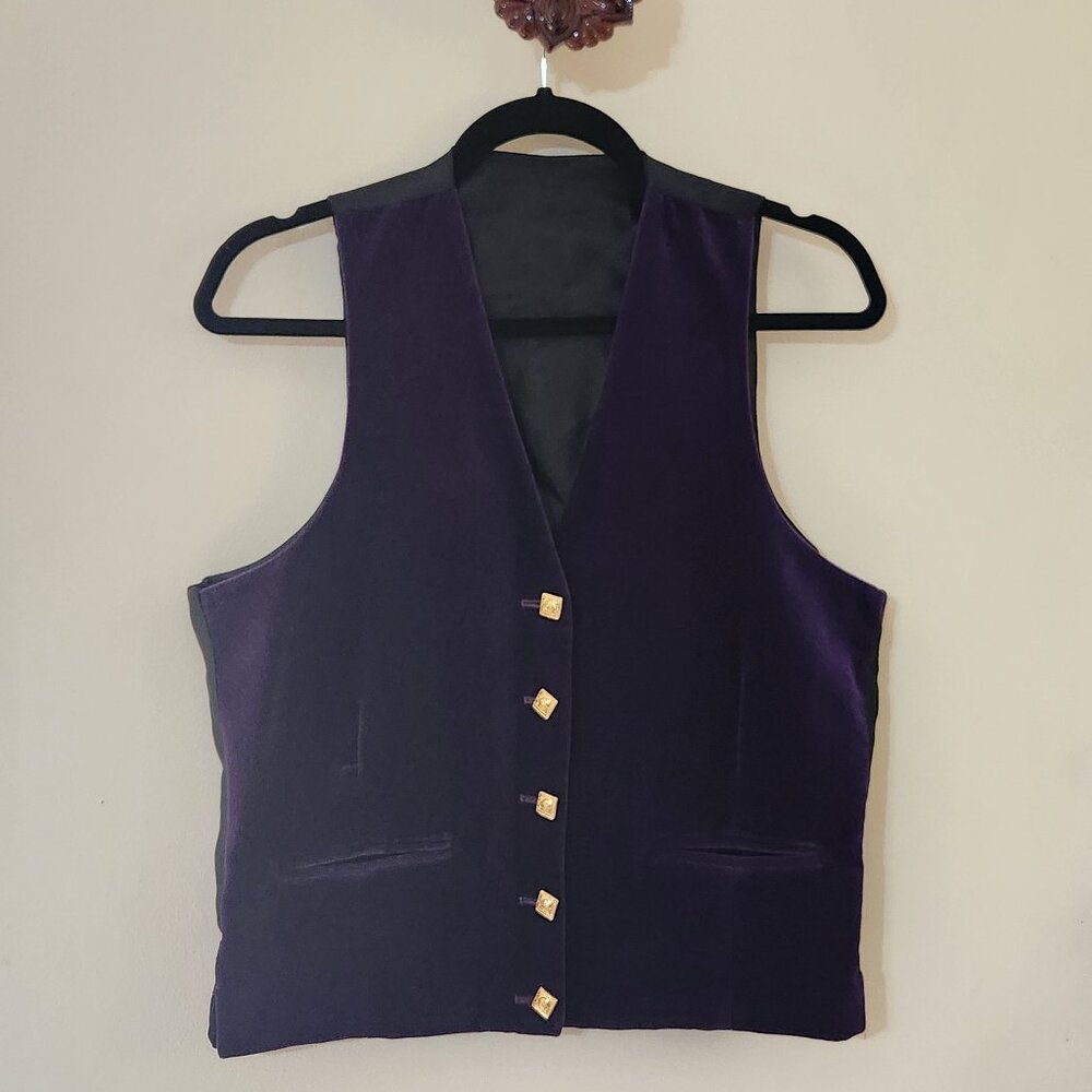 Vintage Prince Charlie Purple Velvet Straight Hem Gold Buttoned Waistcoast Vest
